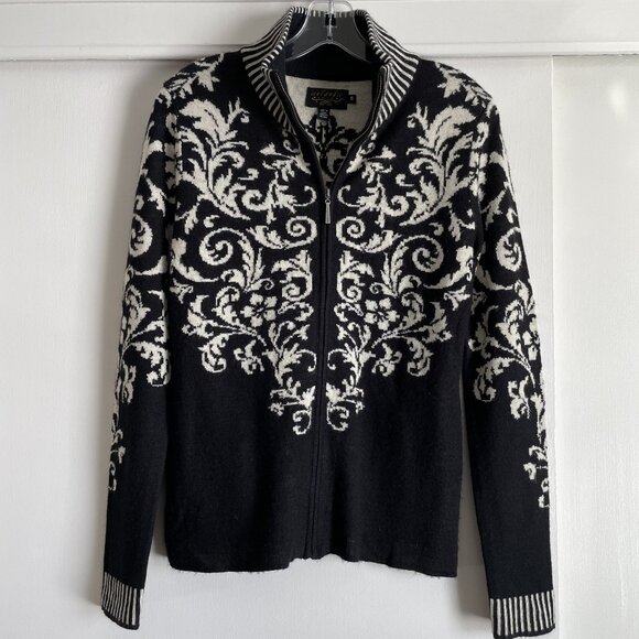 Icelandic Design Floral Cardigan Sweater Wool Full Zip Size S  Black Tan Nordic - Picture 1 of 16